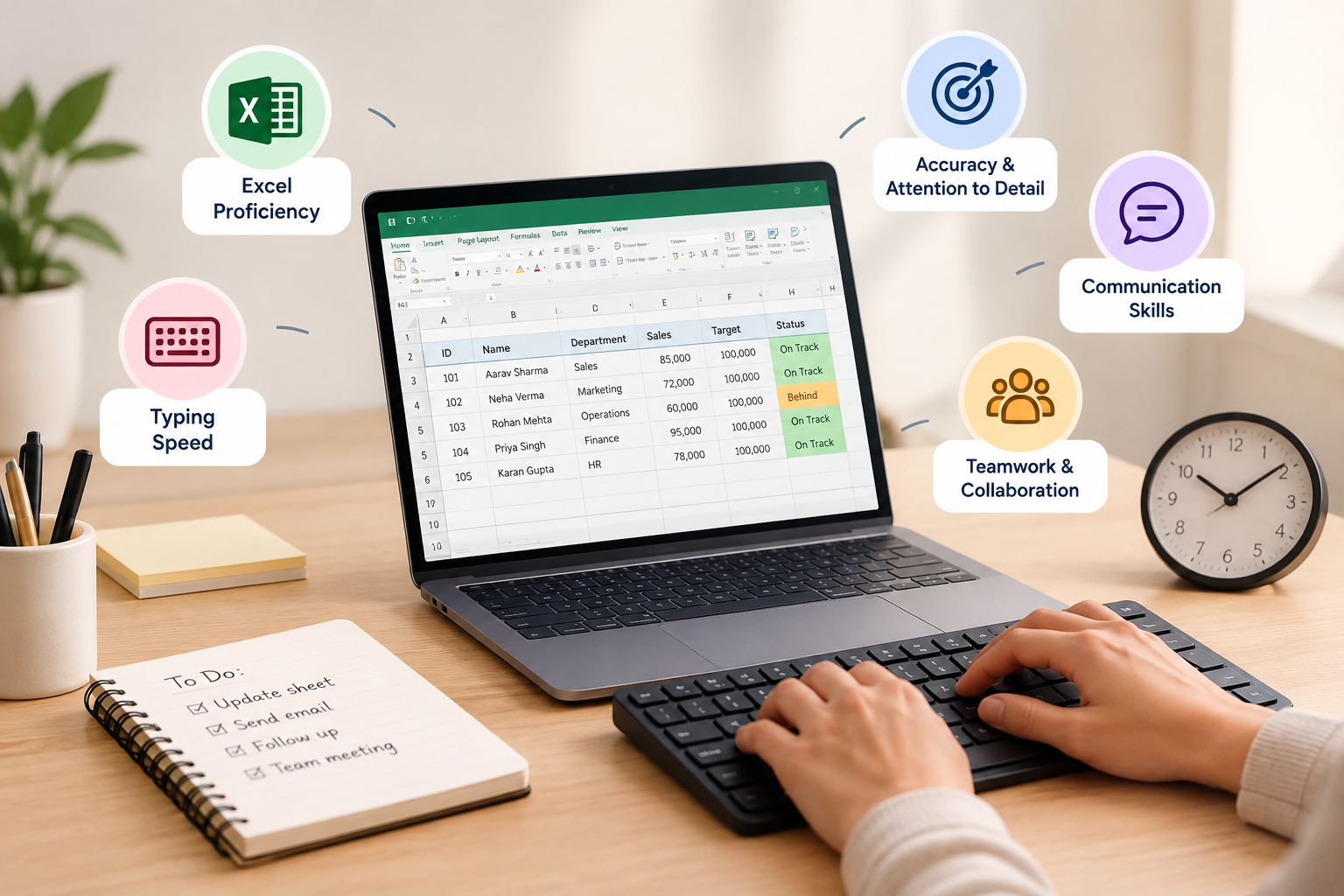 Skills needed for a back office executive including Excel, typing, accuracy and communication